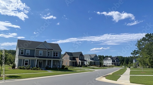New Jersey-style single-family homes in rural North Carolina town with well-maintained lawns and clean streets under clear blue sky