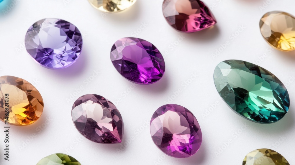 Multiple faceted stones including topaz, garnet, and peridot placed randomly on white background Multiple faceted stones including topaz, garnet, and peridot placed randomly on white background