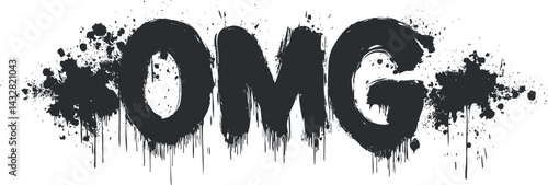Black grunge style OMG text with paint splatter and dripping effect on white background