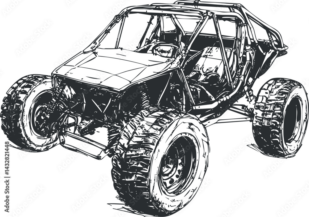 Fototapeta premium Black and white sketch of an offroad buggy vehicle with large tires and exposed frame for rough terrain driving