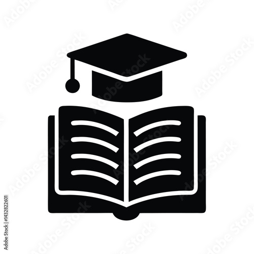 Open Book with Graduation Cap Icon – Education and Academic Achievement Symbol in Black