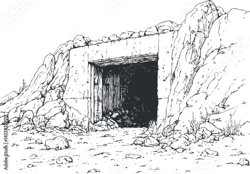 Black and white sketch of a rocky mountain cave entrance with a dark tunnel opening surrounded by rough stones and barren terrain.
