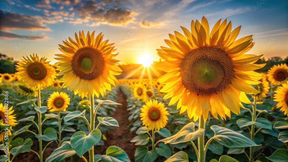 Fototapeta premium Bright sunlight filtering through petals of tall sunflowers in a garden at dawn