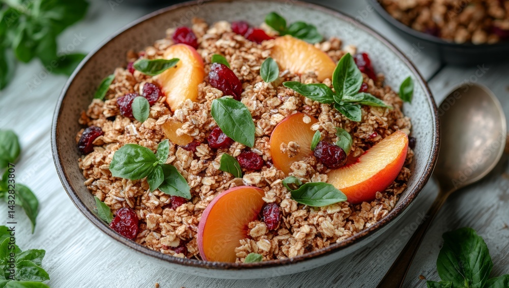 A bowl of granola topped with sliced peaches, cranberries, and fresh basil leaves. A bowl of granola topped with sliced peaches, cranberries, and fresh basil leaves.