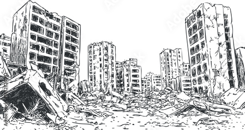 Black and white sketch of a destroyed urban area with ruined buildings and rubble covering the ground
