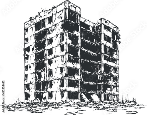 Black and white sketch illustration of a destroyed multi-story building showing damage and debris
