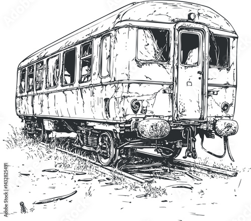 Black and white illustration of an old abandoned railcar standing on railway tracks in a rustic outdoor setting