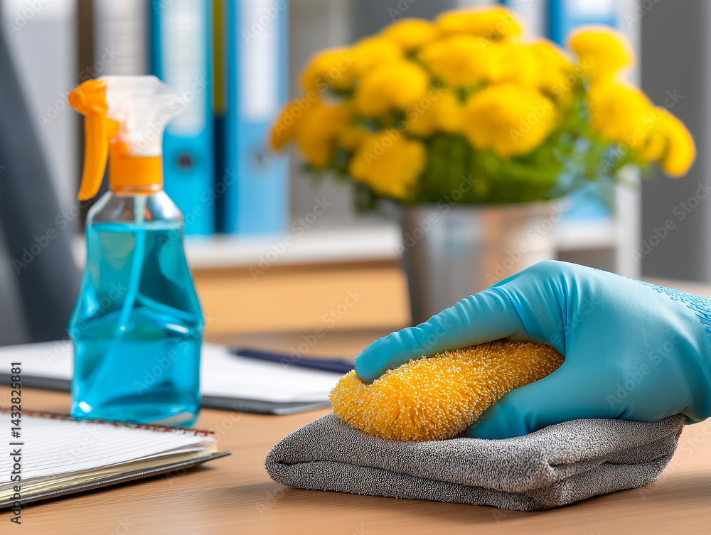 A close-up shot of a hand wearing a bright yellow rubber glove cleaning a wooden surface with a pink microfiber cloth, with cleaning supplies and a blurred office window in the background, emphasizing