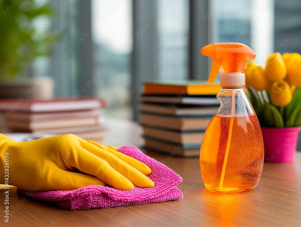 A close-up shot of a hand wearing a bright yellow rubber glove cleaning a wooden surface with a pink microfiber cloth, with cleaning supplies and a blurred office window in the background, emphasizing