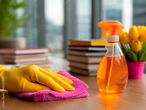 Obraz na płótnie A close-up shot of a hand wearing a bright yellow rubber glove cleaning a wooden surface with a pink microfiber cloth, with cleaning supplies and a blurred office window in the background, emphasizing w salonie
