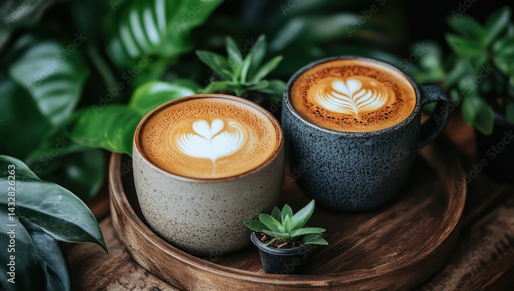 Latte art with coffee, plants, and cafe. Latte art with coffee, plants, and cafe.