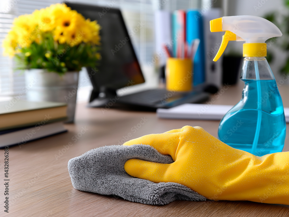 A close-up shot of a hand wearing a bright yellow rubber glove cleaning a wooden surface with a pink microfiber cloth, with cleaning supplies and a blurred office window in the background, emphasizing