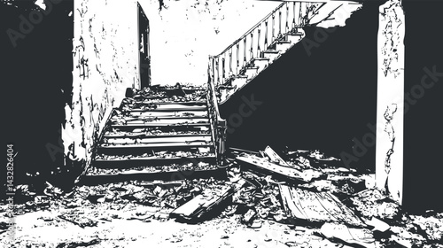 Black and white image of a ruined interior with broken stairs and scattered debris in abandoned building