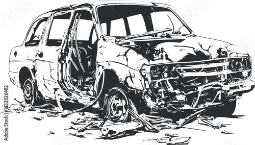 Wrecked and severely damaged old car with broken parts and debris scattered around