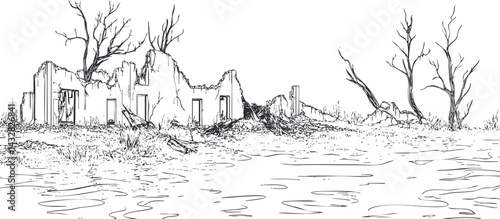 Black and white sketch of abandoned ruined building with leafless trees in desolate landscape