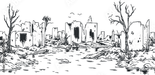 Black and white sketch of an abandoned desert ruins landscape with broken buildings and dry trees