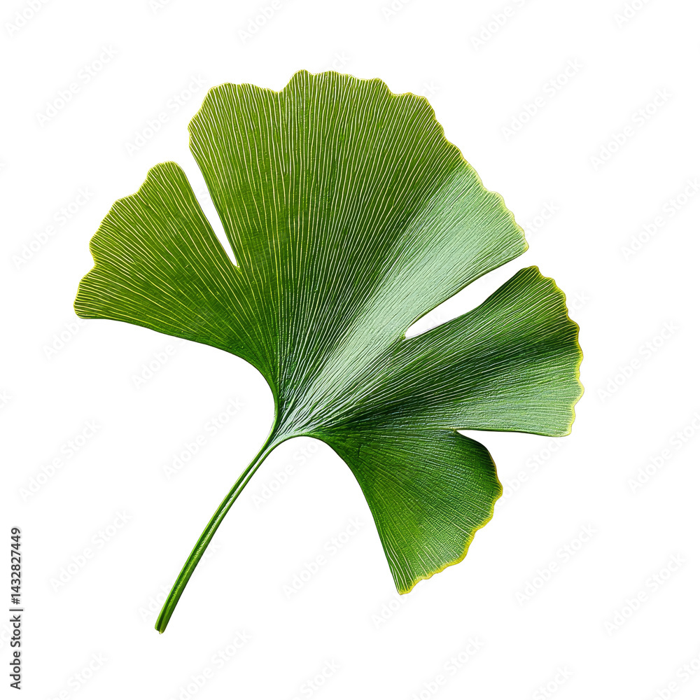 Fototapeta premium Ginkgo biloba leaf displayed on a clean transparent background showcasing its unique fan shape and vibrant green color, Ginkgo biloba plant leaf on a transparent background