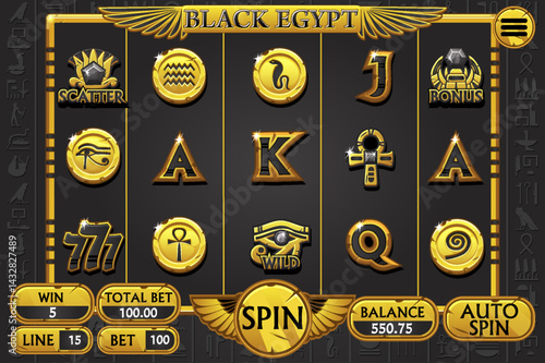 Egypt golden-black slot UI. Slots menu with standard buttons for game development in golden-black colors. Casino slots gameplay main screen. Egypt golden-black slot symbols
