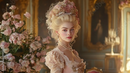 A medium shot of Marie Antoinette in a richly detailed 18th-century gown, AI Generative.