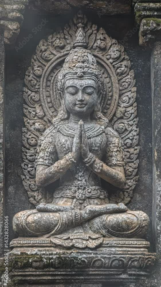 Ornate stone carving of a deity in seated meditation, hands clasped, mounted on a weathered temple wall with decorative halo and moss. Ornate stone carving of a deity in seated meditation, hands clasped, mounted on a weathered temple wall with decorative halo and moss.