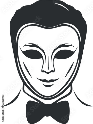 Black and white stylized illustration of a masked person wearing a bowtie for costume or formal event