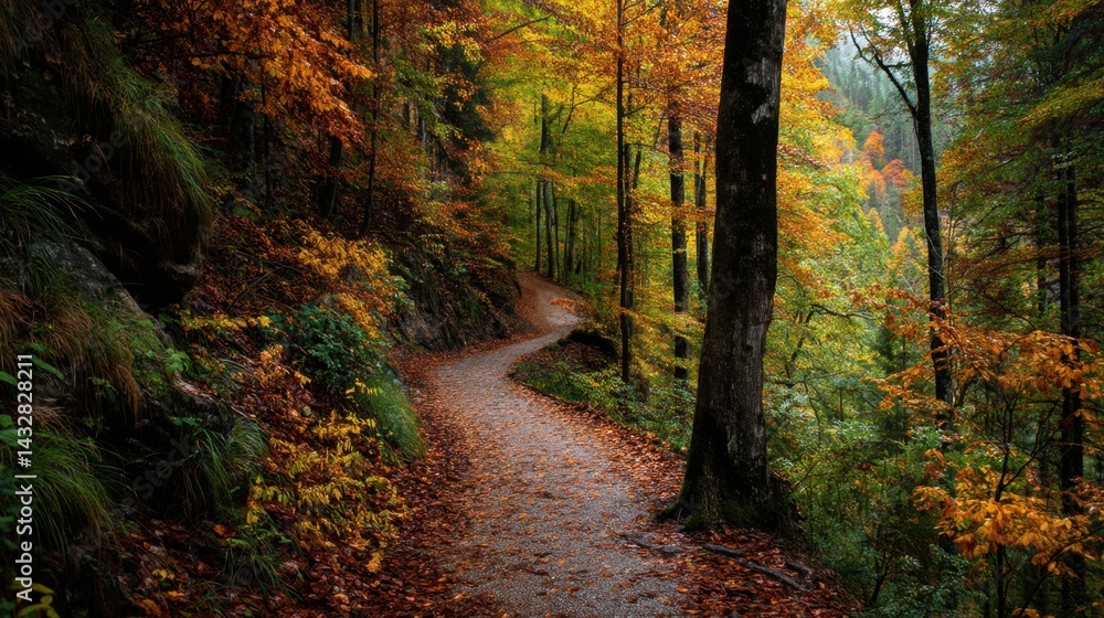 Serene autumn forest path winding through vibrant foliage creating a peaceful nature scene with warm colors and a tranquil atmosphere perfect for hiking and exploration Serene autumn forest path winding through vibrant foliage creating a peaceful nature scene with warm colors and a tranquil atmosphere perfect for hiking and exploration
