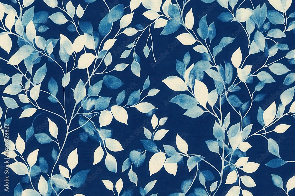Navy blue backdrop with blue, white watercolor leaves and branches design. Use this pattern for textile, packaging, wallpaper, background image.