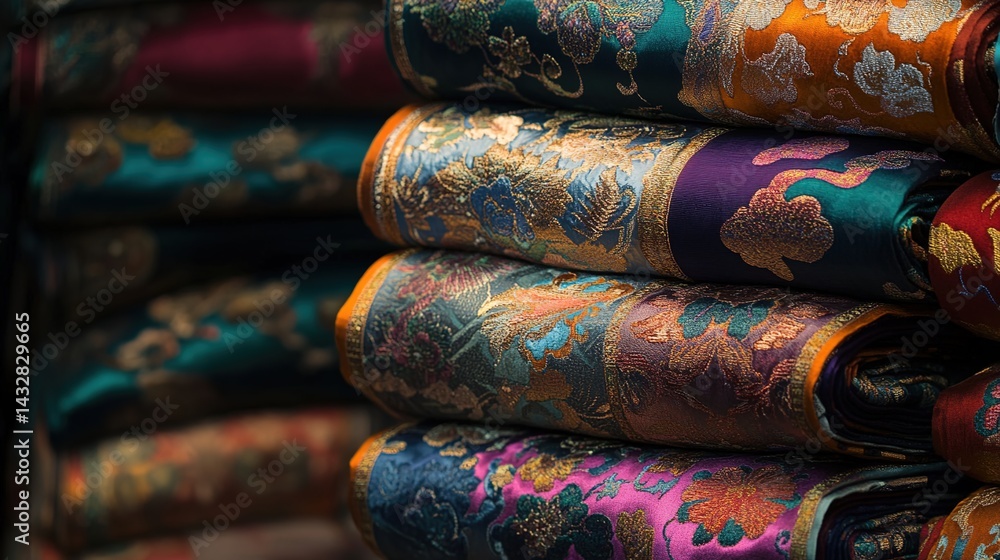 A pile of vibrant brocade fabrics with elaborate flower designs, likely in a marketplace or shop. A pile of vibrant brocade fabrics with elaborate flower designs, likely in a marketplace or shop.