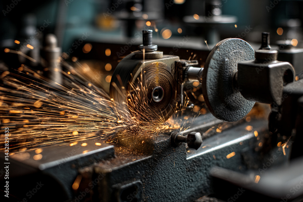 Fototapeta premium Close-up of metal grinding sparks, showcasing industrial process, representing energy, precision, and manufacturing, ideal for industry or technology concepts