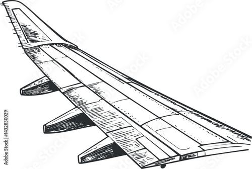 Detailed black and white sketch of an airplane wing showing structure and mechanical parts
