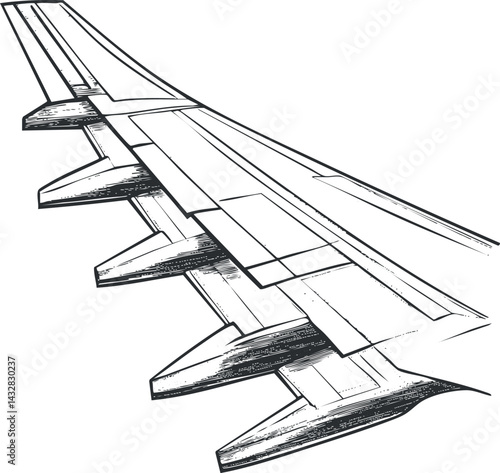 Detailed black and white sketch of an airplane wing with visible flaps and winglets for aviation and travel concepts