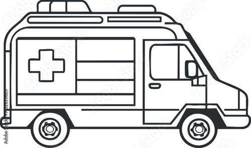 Black and white line art of an ambulance emergency medical vehicle with a medical cross symbol on the side.