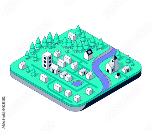 Isometric Landscape from a Bird's Eye View. Village with houses, trees, river and church. Rural 3d Town with modern and traditional buildings. Countryside map Platform with nature and architecture