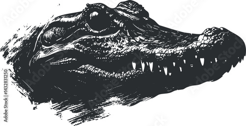 Black and white detailed illustration of a crocodile head showing sharp teeth and textured skin