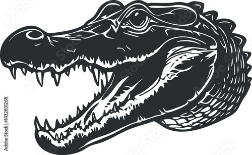 Black and white illustration of an alligator or crocodile head with open mouth showing sharp teeth