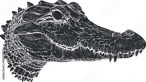 Detailed black and white illustration of a crocodile head showing scales teeth and textured skin in profile view