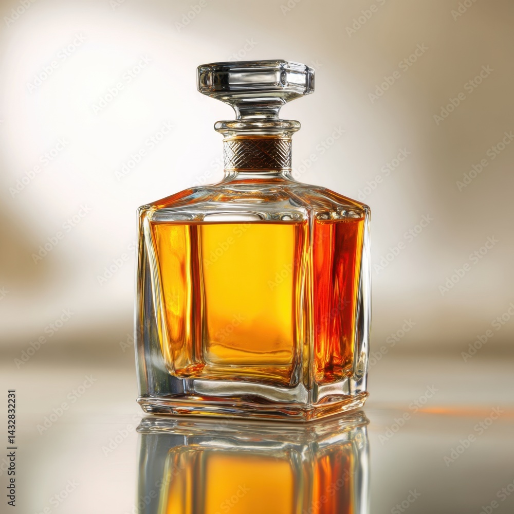 Elegant crystal decanter filled with golden liquor on reflective surface capturing the essence of refined taste Elegant crystal decanter filled with golden liquor on reflective surface capturing the essence of refined taste