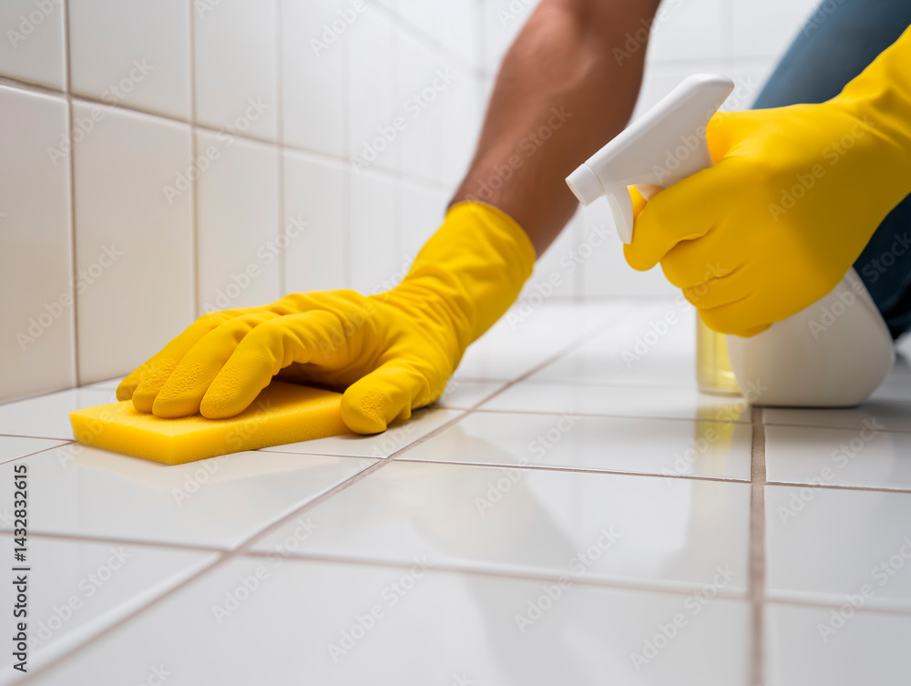 Close-up of hands wearing bright yellow rubber gloves cleaning white tiled surfaces with a yellow sponge and a spray bottle, emphasizing hygiene and thorough cleaning.