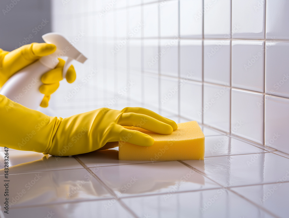 Close-up of hands wearing bright yellow rubber gloves cleaning white tiled surfaces with a yellow sponge and a spray bottle, emphasizing hygiene and thorough cleaning.