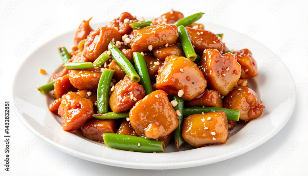 Delicious stir-fried chicken with green beans on a plate Delicious stir-fried chicken with green beans on a plate