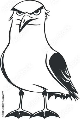 Black and white line art illustration of an angry seagull with fierce expression and detailed wings
