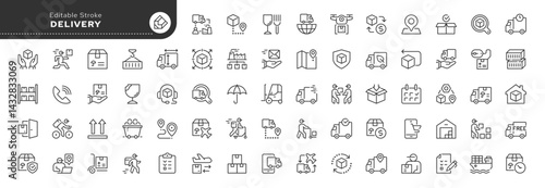 Delivery line icon set. Logistics, shipping, cargo transportation, cargo truck, package and more. Outline vector icons. Pictogram collection