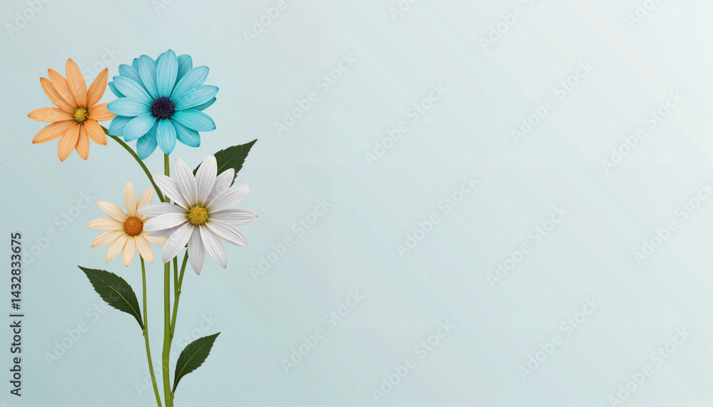 Naklejka premium Colorful flowers blooming against a soft blue background 