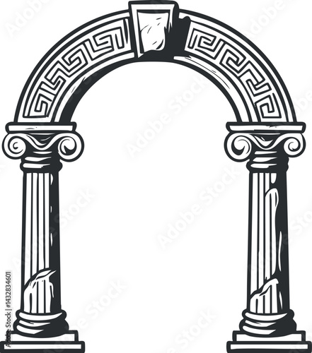 Black and white illustration of an ancient classical arch with decorative columns and ornate patterns