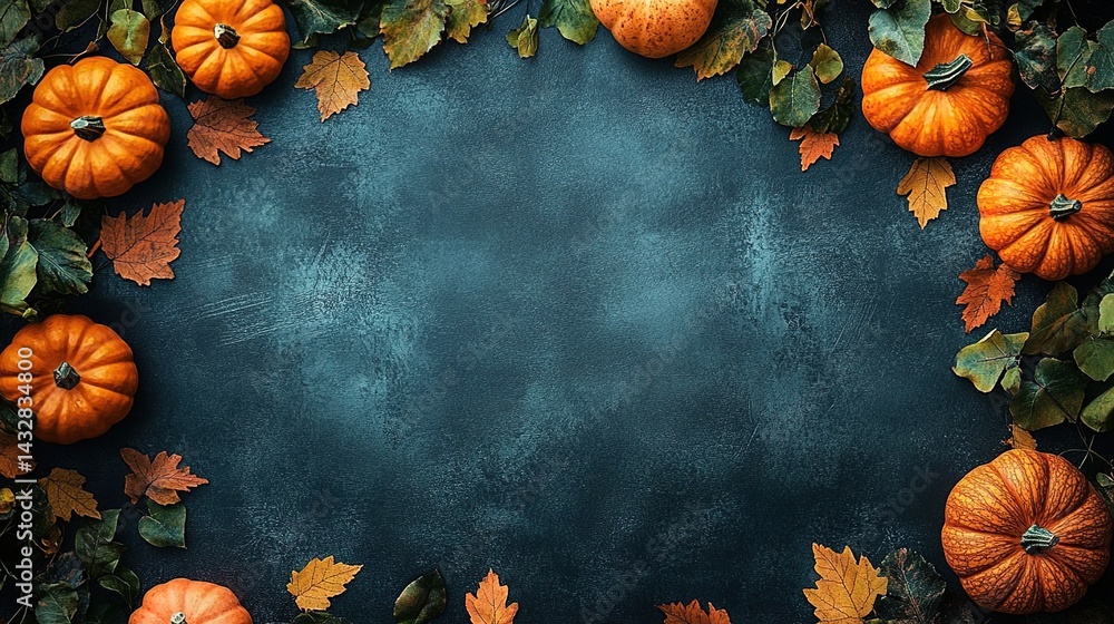 Obraz premium Pumpkins and autumn leaves arranged in a border on a dark blue background.