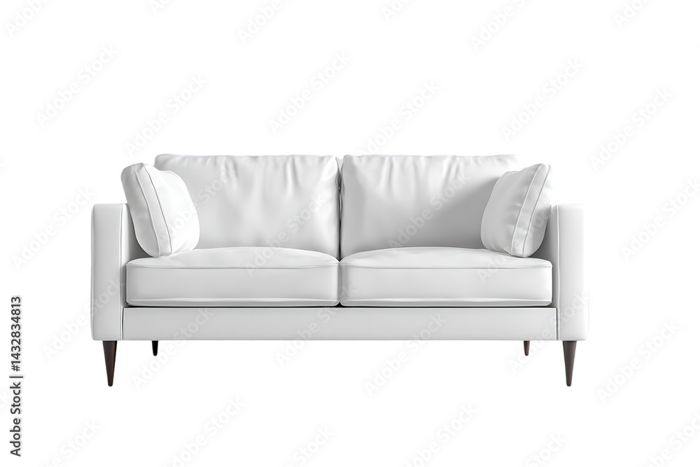 A white sofa with black legs and two throw pillows. It is set against a white background, creating a minimalist and modern look. A white sofa with black legs and two throw pillows. It is set against a white background, creating a minimalist and modern look.