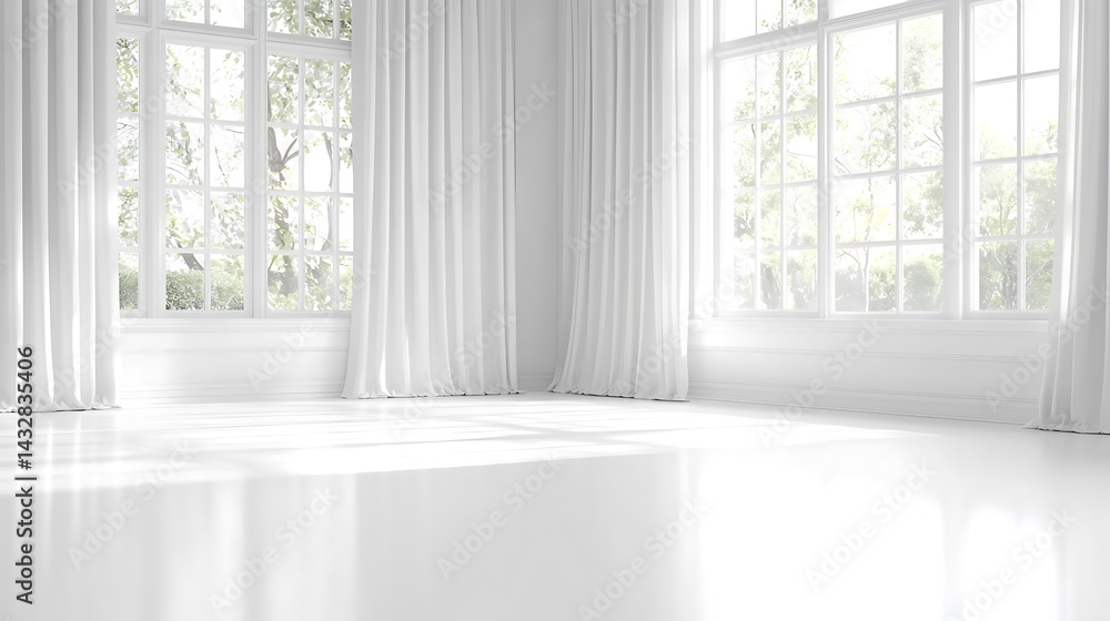Fototapeta premium Bright White Room Interior with Sunlight Streaming Through Large Windows