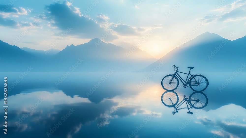 Fototapeta premium Misty mountain lake sunrise bike reflection