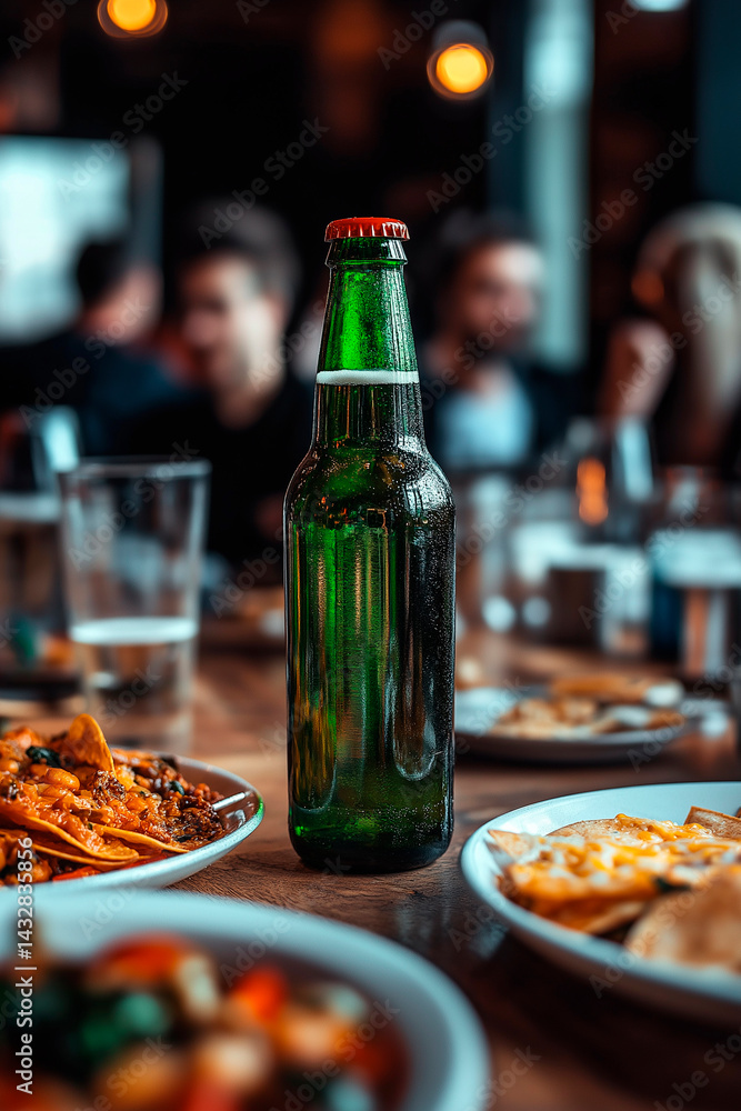 A close-up of a green glass beer bottle and a plate of cheesy nachos on a rustic wooden table, with blurred figures and other food dishes suggesting a casual outdoor gathering.
