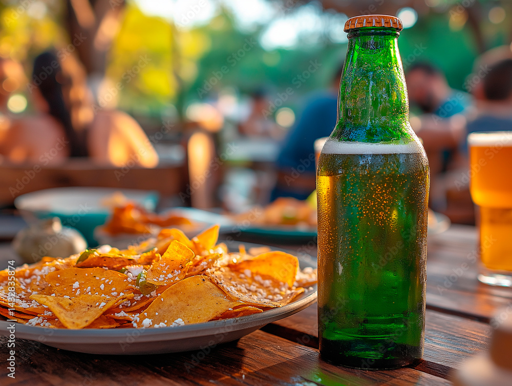 A close-up of a green glass beer bottle and a plate of cheesy nachos on a rustic wooden table, with blurred figures and other food dishes suggesting a casual outdoor gathering.